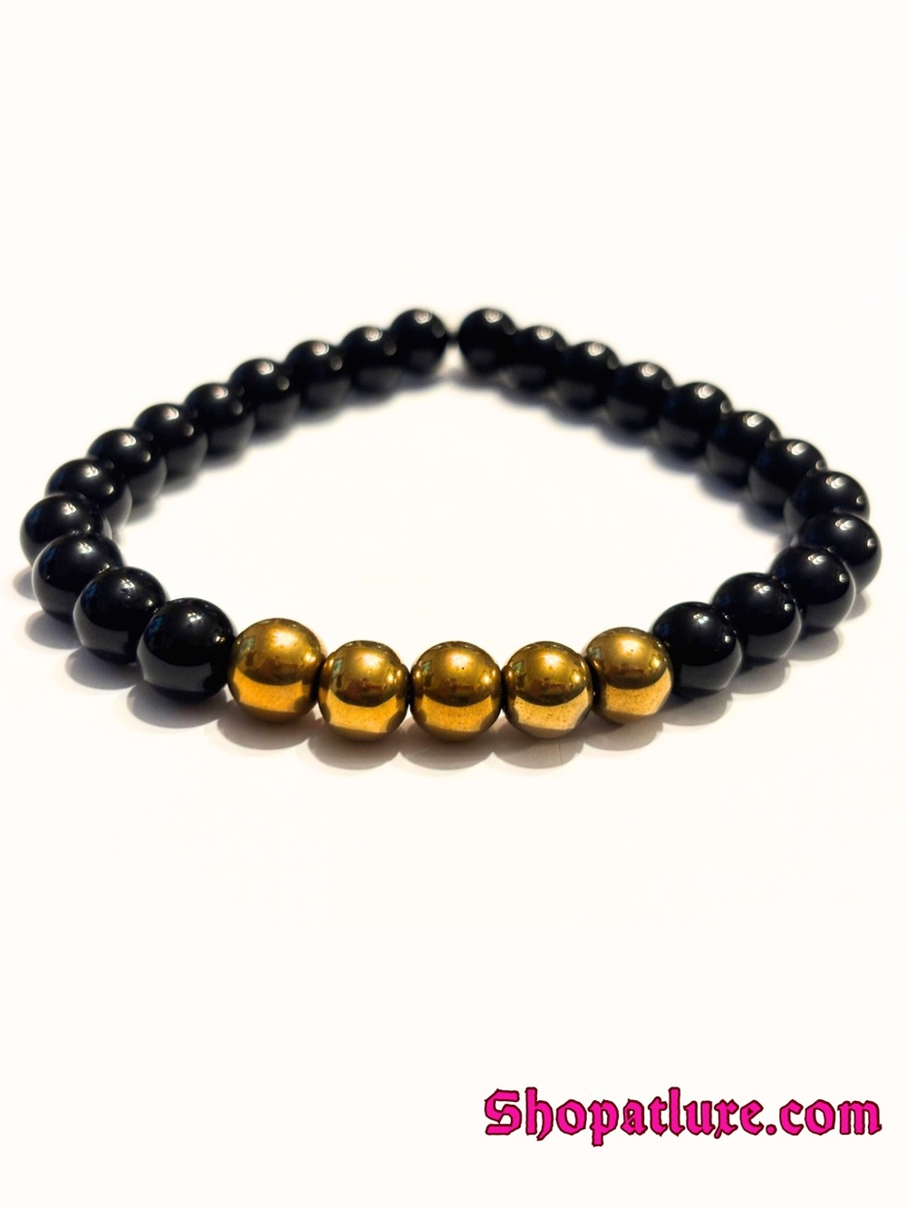 Gold Hematite and Genuine Onyx Beaded Stretch Bracelet - Picture 2 of 4
